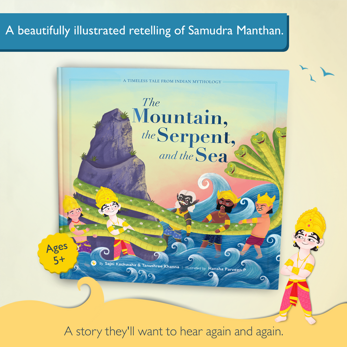 The Mountain, the Serpent, and the Sea – Indian mythology picture book for kids ages 5+, cover